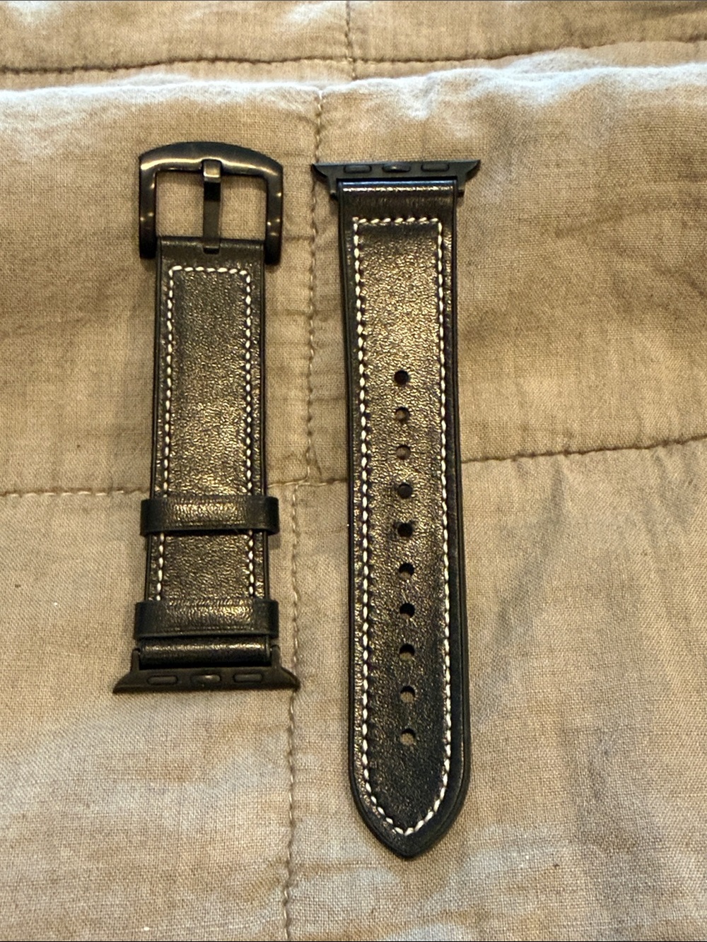 Black Leather Apple Watch Band with White Stitching